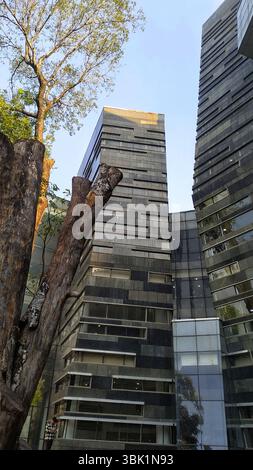 Beeindruckende moderne Architektur an der Universität Indonesiens mit dynamischen Winkeln und reflektierenden Oberflächen Stockfoto