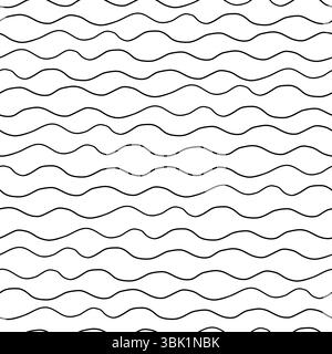 Handgezeichnetes nahtloses Muster unregelmäßiger, wellenförmiger horizontaler Linien in Schwarz auf weiß Stock Vektor