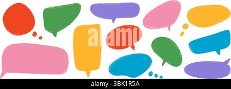 Farbige handgezeichnete Sprechblasen-Sammlung. Gekritzeltes Dialogfeld. Comic-Sprechrahmen mit strukturiertem Filzmarker. Textfeld-Paket mit rotem, blauem, grünem, rosafarbenem Ballon. Hell skizziertes Chatbox-Paket. Vektor Stock Vektor