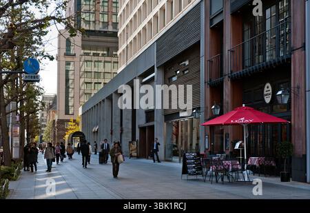 Die Naka-dori Straße verläuft durch das Herz des Geschäftsviertels Marunouchi mit Firmenbüros in der Nähe des Kaiserpalastes und des Bahnhofs Tokio in Japan. Stockfoto