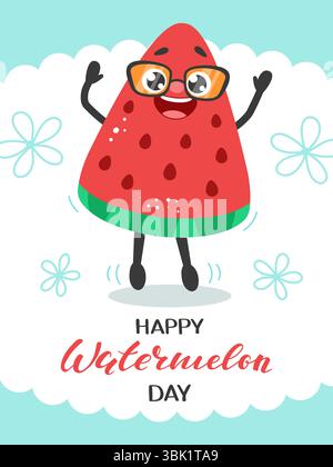 Fröhliches und verspieltes Banner. Frohe Wassermelonen Tag. Charakter trägt eine Brille, umgeben von Wolken und Blumen, perfekt für Sommer-Motive Stock Vektor