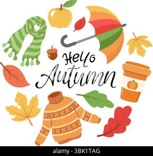 Ein gemütlicher Hello-Herbstrahmen mit warmen Elementen wie Schal, Pullover, Kaffeetasse, Regenschirm und bunten Blättern, perfekt für saisonale Designs. Stock Vektor
