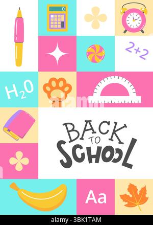 Lebendiges Poster „zurück zur Schule“ mit bunten Schulsymbolen, darunter Stift, Taschenrechner, Uhr, Lesezeichen, Lineal, Buch, Banane, Alphabet und mehr Stock Vektor