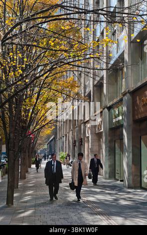 Die Naka-dori Straße verläuft durch das Herz des Geschäftsviertels Marunouchi mit Firmenbüros in der Nähe des Kaiserpalastes und des Bahnhofs Tokio in Japan. Stockfoto