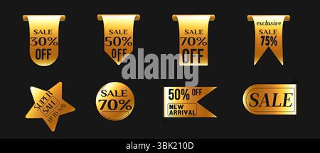 Elegantes goldenes Rabattabzeichen mit prozentualen Angeboten – glänzende Metallbänder, Sternenformen und kreisförmige Etiketten für luxuriöse Einzelhandelsaktionen, exklusive Einkaufsangebote und Premium-Marketing. Stock Vektor