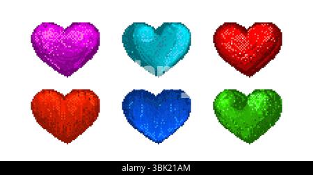 Y2K Pixel Heart Collection – Retro-8-Bit-Love-Symbole in leuchtenden Farben mit brillanter digitaler Textur. Nostalgische digitale Romantik-Symbole für Valentinskarten, Gaming-Schnittstellen oder Vintage-Webdesign. Stock Vektor