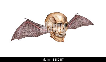 Menschliches Schädelprofil mit Fledermausflügeln Aquarellillustration. Knochen im gotischen Stil. Tag der Toten, Halloween, Dia de los muertos. Isoliert Stockfoto