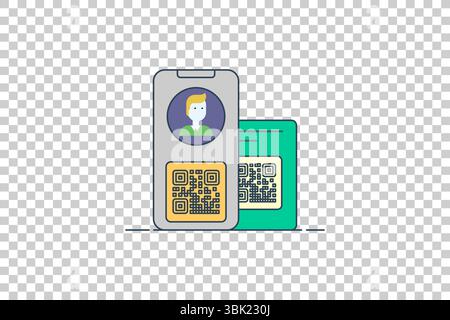 Vektorabbildung eines Smartphones mit digitaler ID und QR-Code neben einer grünen Karte, die eine moderne Identifikation darstellt Stock Vektor