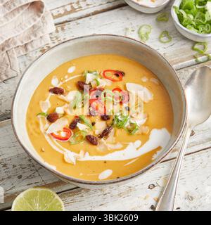 Cremige Linsensuppe mit Zitronengras, Kokosmilch und rotem Chili, serviert in einer Schüssel – warm, würzig und pflanzlich, perfekt zum Mittag- oder Abendessen. Stockfoto