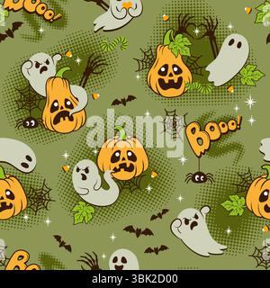 Nahtloses Horror-Muster für Halloween im niedlichen Retro-Stil mit gruseligen Geistern, Vampirfledermaus, Spinnen, Spinnennetz und gespenstischen Kürbissen auf grünem Sumpfhintergrund Stock Vektor