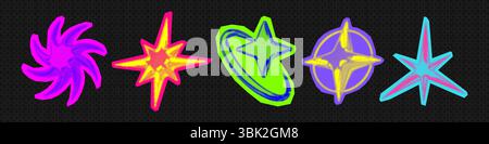 Y2K 3d Punk Neonfarben Hell Chrom Halbtonsterne Form Retro abstrakte Vektor Illustration Sticker Set. Stock Vektor