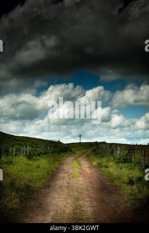 Ein kurviger Feldweg führt das Auge zu einem einsamen Kreuz. Cézallier, regionaler Naturpark der Vulkane Auvergne, Puy-de-Dôme, Auvergne Rhone Alpes, Frankreich Stockfoto