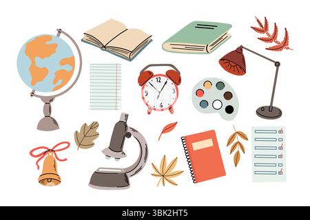 Flache Vektor-Illustration eines handgezeichneten Satzes von Schulmaterialien und Klassengegenständen, einschließlich Globus, Schreibtischlampe, Notizbuch, Bücher, Herbstlaub und Mo Stock Vektor