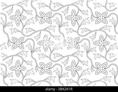 Nahtlose schwarz-weiße Strichgrafik mit einem komplizierten, sich wiederholenden Muster aus wirbelnden Weinstöcken, stilisierten Blättern und vierblättrigen Blumen. I Stock Vektor
