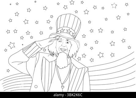 Strichgrafik-Illustration von Onkel Sam in einem Tophut mit Sternen und Streifen im Hintergrund. Ideal für den Unabhängigkeitstag, 4. Juli, Patriotis Stock Vektor
