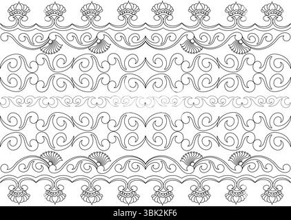 Eine Reihe von horizontalen Grenzmustern, die von traditionellen indischen dekorativen Motiven inspiriert sind. Mit verschiedenen Blumenmotiven, Paisley- und Wellenmotiven in B Stock Vektor