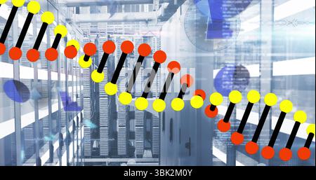 Server-Gang, der Netzwerkgeräte im Rechenzentrum hostet, mit stilisierter DNA-Helix und digitalen Overlays Stockfoto