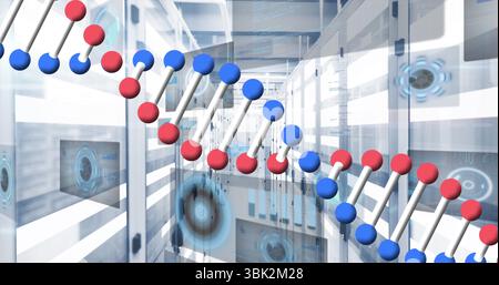 DNA-Helix im Laborkorridor mit Glasplatten-Racks und holographischen Runddatenbildschirmen Stockfoto