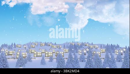 Ansammlung von schneebedeckten Häusern, die von beleuchteten Fenstern auf Hügeln mit immergrünen Bäumen und fallenden Schneeflocken erstrahlen Stockfoto