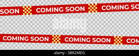 In Kürze erhältlich: Red Banner Tape für Produkteinführung, Teaser für den Einzelhandel, Verkaufskampagne oder Ankündigung zur Eröffnung des Stores. Bearbeitbares Warnstreifen-Design für Werbeaktionen Stock Vektor