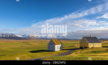 Traditionelles, mit Rasen bedecktes Haus in Glaumbaer, Nordwesten Islands. Landwirtschaftliche Felder mit Pferden und schneebedeckte Berge im Hintergrund Stockfoto