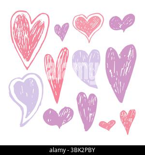 Vektor-Illustration eines handgezeichneten Sets von rosa und lila Herzen im Bleistift-Skizzenstil. Isoliert auf weißem Hintergrund. Weich, romantisch und verspielt Stock Vektor