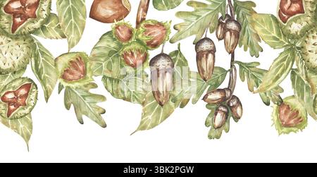 Nahtlose Grenze des Herbstlaub mit Kastanien, Eicheln und Haselnüssen, Ernteflora Stockfoto