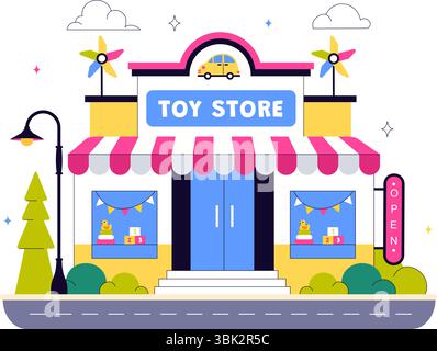 Toy Store Vector Illustration mit verschiedenen Arten von Spielzeug wie Autos, Teddybären, Kites, Raketen, Züge, und mehr für glückliche Kinder Stock Vektor