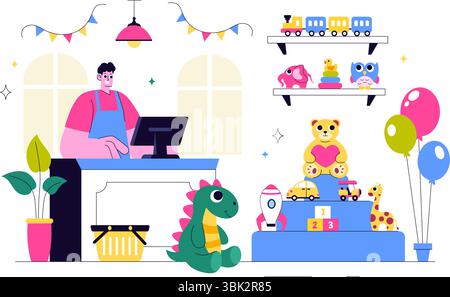 Toy Store Vector Illustration mit verschiedenen Arten von Spielzeug wie Autos, Teddybären, Kites, Raketen, Züge, und mehr für glückliche Kinder Stock Vektor