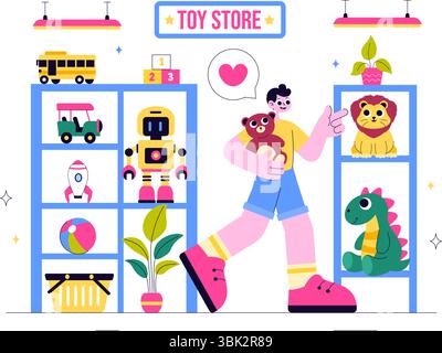 Toy Store Vector Illustration mit verschiedenen Arten von Spielzeug wie Autos, Teddybären, Kites, Raketen, Züge, und mehr für glückliche Kinder Stock Vektor