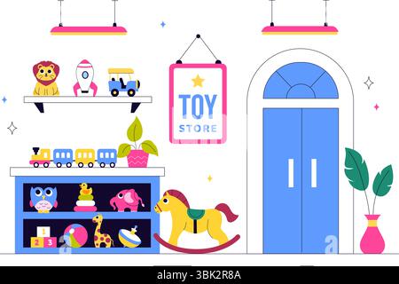 Toy Store Vector Illustration mit verschiedenen Arten von Spielzeug wie Autos, Teddybären, Kites, Raketen, Züge, und mehr für glückliche Kinder Stock Vektor