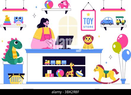 Toy Store Vector Illustration mit verschiedenen Arten von Spielzeug wie Autos, Teddybären, Kites, Raketen, Züge, und mehr für glückliche Kinder Stock Vektor