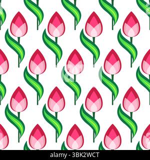 Helle positive Verzierung der Tulpen. Nahtloses Blumenmuster im Frühling. Hübsches Dekor mit rosa Blumen. Blumenmuster von gekrümmten Blättern und Blüten auf Wi Stock Vektor