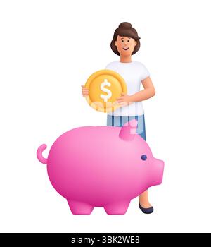 Frau Jane, die eine große Goldmünze mit einem Dollarzeichen hält, neben einer großen rosa Schweinebank steht. Persönliche Finanzen, Finanzplanungskonzept. 3D-Vect Stock Vektor