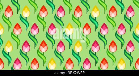 Bunte Tulpen auf einem zarten grünen Hintergrund. Leuchtendes positives nahtloses Blumenmuster. Hübsches Dekor mit roten rosa gelben Blumen. Blumenmuster Stock Vektor