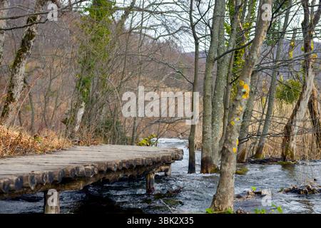 Holzweg durch die Seen Winkel Schuss Stockfoto