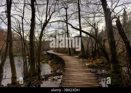 Holzweg durch die Seen Winkel Schuss Stockfoto