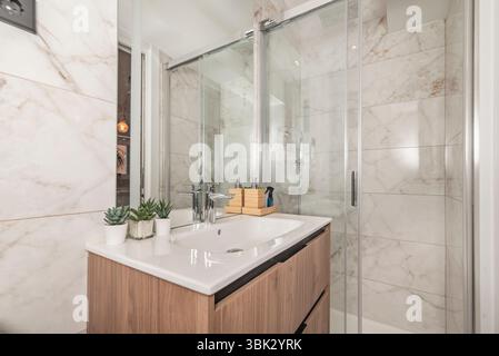 Das Wesen eines modernen Badezimmers liegt in seiner Fähigkeit, einen ruhigen und effizienten Rückzugsort zu bieten, in dem intelligentes Design kombiniert wird Stockfoto