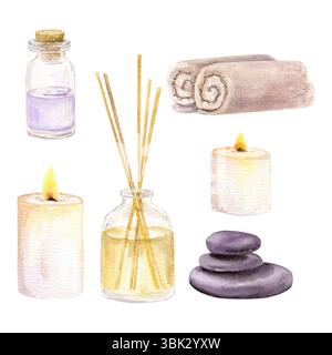 Handgezeichnetes Set von Aromakerzen, Diffusor mit ätherischem Öl, Handtücher, Steine und Flasche mit Aromaöl Stockfoto
