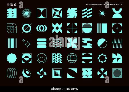 Set aus abstrakten geometrischen Formen in sauren Farben, inspiriert vom minimalistischen, brutalistischen und bauhaus-Stil. Schweizer, Y2K, postmoderne Designelemente. Vektorgrafik EPS10. Stock Vektor