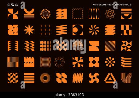 Set aus abstrakten geometrischen Formen in sauren Farben, inspiriert vom minimalistischen, brutalistischen und bauhaus-Stil. Schweizer, Y2K, postmoderne Designelemente. Vektorgrafik EPS10. Stock Vektor