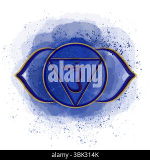 Drittes Auge Chakra Ajna auf dem dunkelblauen Aquarellhintergrund und Sanskrit-Symbol in der Mitte. Handgezeichnete Illustration für Cover, Postkarten, Textil Stockfoto