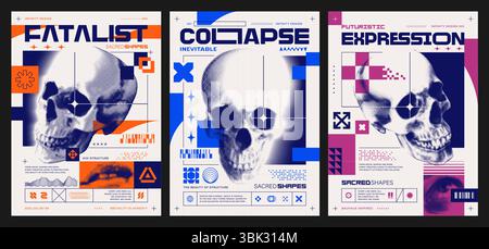 Drei Vorlagen für brutalistische Poster. Halbtonschädel mit abstrakten geometrischen Formen, auffälliger Typografie, minimalistischen Symbolen und bauhausgrafiken. Postmoderner Stil. Vektorgrafik EPS10. Stock Vektor