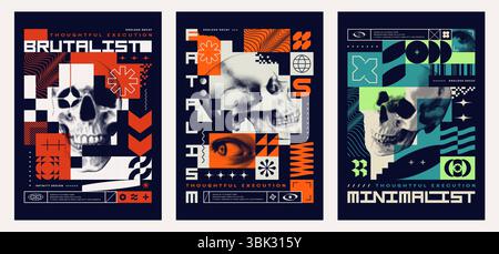 Drei Vorlagen für brutalistische Poster. Halbtonschädel mit abstrakten geometrischen Formen, auffälliger Typografie, minimalistischen Symbolen und bauhausgrafiken. Postmoderner Stil. Vektorgrafik EPS10. Stock Vektor