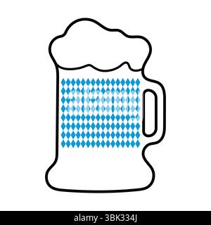 Bierkrug mit bayerischem Flaggenmuster und Schaumumrandung isoliert auf weißem Hintergrund. Symbol für Oktoberfest-Feierlichkeiten Stock Vektor