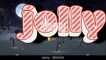 Leuchtend gestreifter fröhlicher Schriftzug auf verschneiten Hängen bei Nacht, mit Zuckerrohr-Lampenpfosten, Vollmond Stockfoto