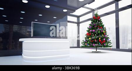 Mit flachem Design-Empfang mit weißem Schreibtisch, Weihnachtsbaum an Fenstern mit Blick auf die Stadt Stockfoto