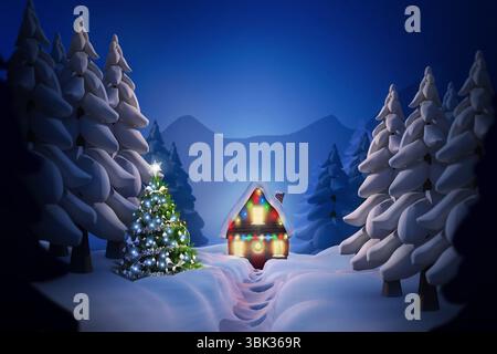 Flacher Design-Vektor, der die Kabine mit Lichtern neben einer sternenüberzogenen Kiefer auf einem Schneepfad zeigt Stockfoto