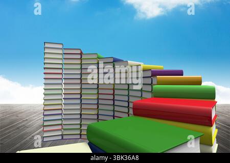 Hardcover-Bücher stapeln sich in flachem Wellenmuster auf Holzdeck unter wolkenblauem Himmel Stockfoto