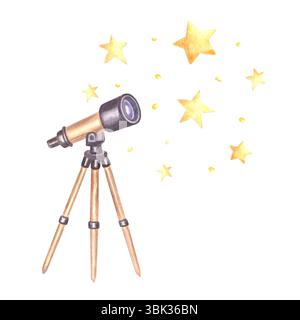 Teleskop und gelbe helle Sterne in Himmelsaquarell Illustration für Kinder Design. Handgezeichnete isolierte Untersuchungsgeräte des Weltraums. Bildung Stockfoto